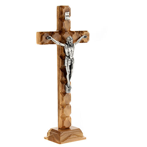 Olivewood standing crucifix with cube pattern, metallic body of Christ, 8 in 2