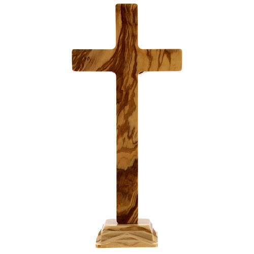 Olivewood standing crucifix with cube pattern, metallic body of Christ, 8 in 3