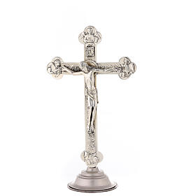 Budded crucifix with base, silver-plated metal, 10 in