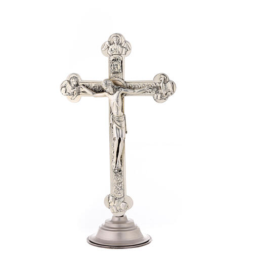 Budded crucifix with base, silver-plated metal, 10 in 1