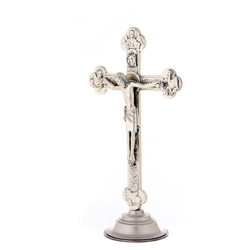 Budded crucifix with base, silver-plated metal, 10 in 3
