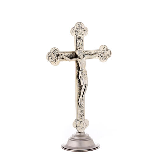 Budded crucifix with base, silver-plated metal, 10 in 4