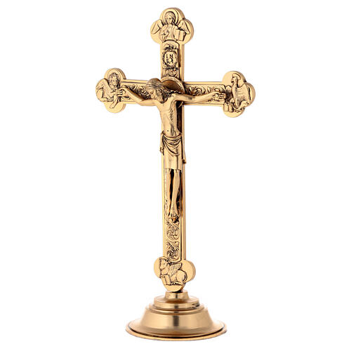 Budded crucifix with base, gold plated metal, 10 in 1