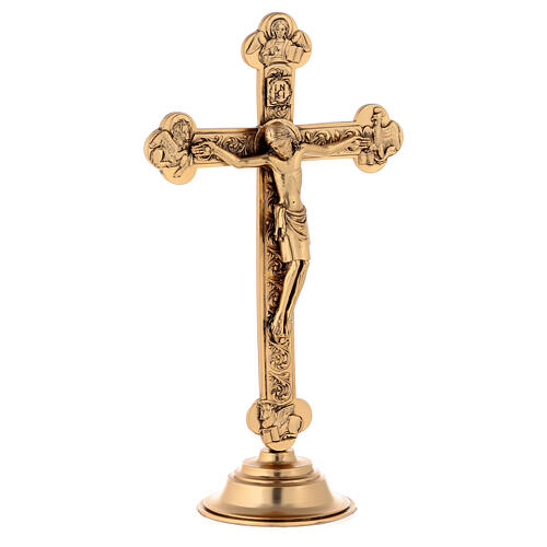 Budded crucifix with base, gold plated metal, 10 in 3