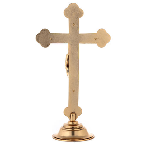 Budded crucifix with base, gold plated metal, 10 in 4