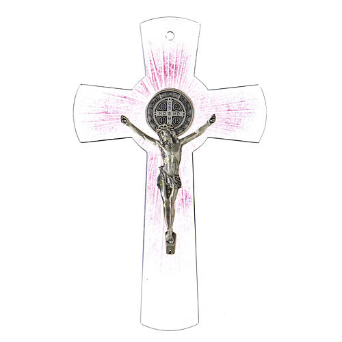 Croix de Saint Benoît verre de Murano rose 20 cm 1