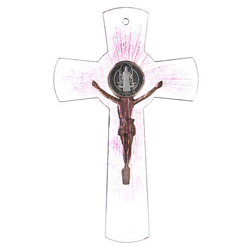 Croix de Saint Benoît verre de Murano rose 20 cm 3