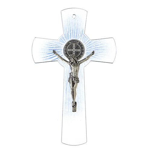 Croix de Saint Benoît verre de Murano bleu ciel 20 cm 1