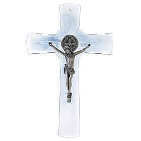 Croix de Saint Benoît 30 cm verre de Murano bleu ciel