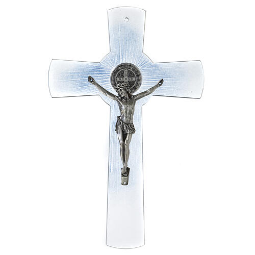 Croix de Saint Benoît 30 cm verre de Murano bleu ciel 1