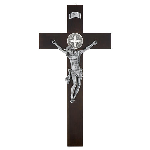 Kreuz von Sankt Benedikt aus dunklem Nussbaumholz 70 cm 1