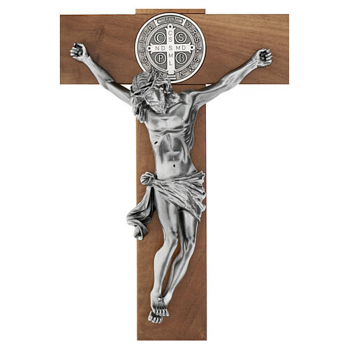 Crucifix of natural walnut, Medal of Saint Benedict, 28 in 4