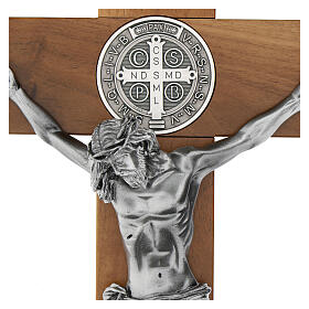 Natural walnut wood crucifix with Saint Benedict medal 70 cm