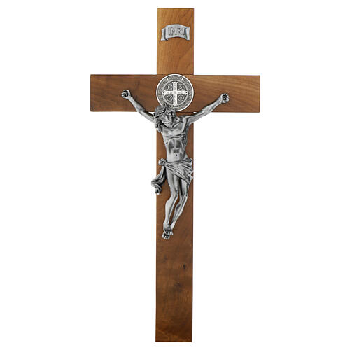 Natural walnut wood crucifix with Saint Benedict medal 70 cm 1