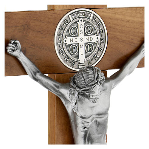 Natural walnut wood crucifix with Saint Benedict medal 70 cm 8