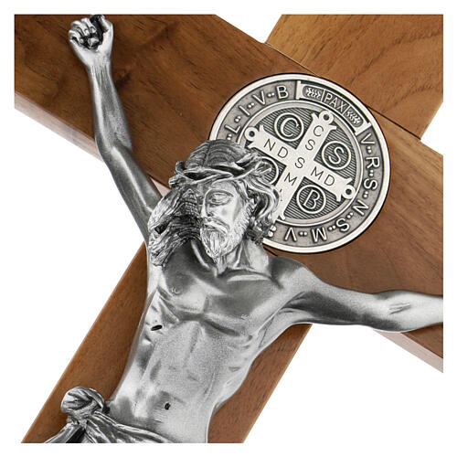 Natural walnut wood crucifix with Saint Benedict medal 70 cm 9