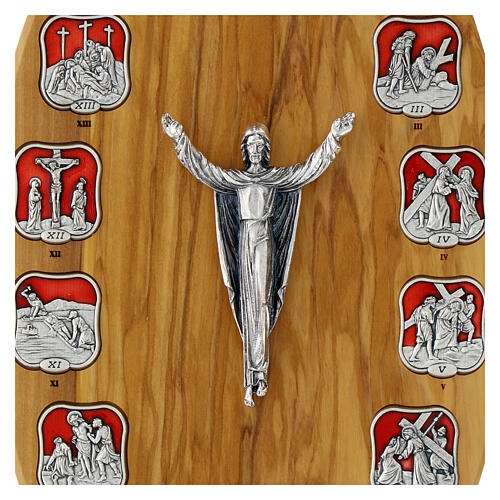 Olivewood board with Way of the Cross, 14 stations, metal and resin 2