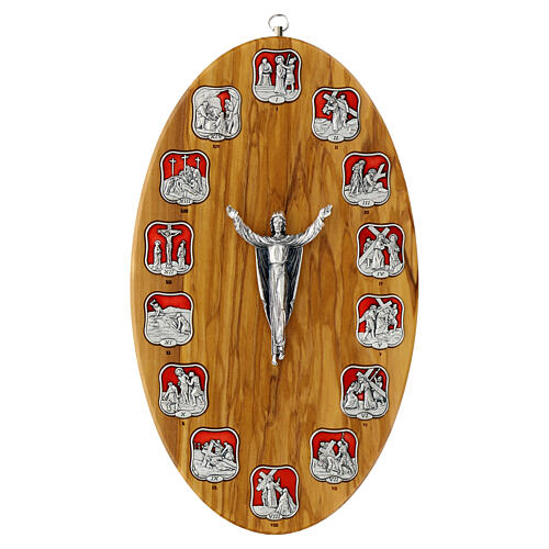 Way of the Cross olive wood panel with 14 stations in resin-coated metal 1