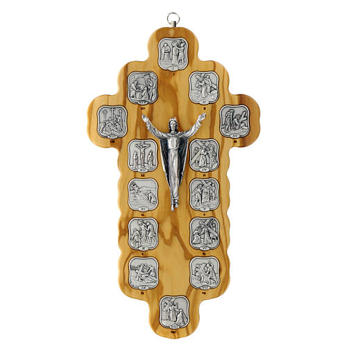 Kreuzweg-Kruzifix aus Olivenholz 14 Stationen mit Silberfinish 1