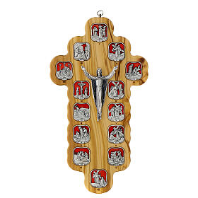 Crucifix with 14 Way of the Cross stations, metal and resin on olivewood cross