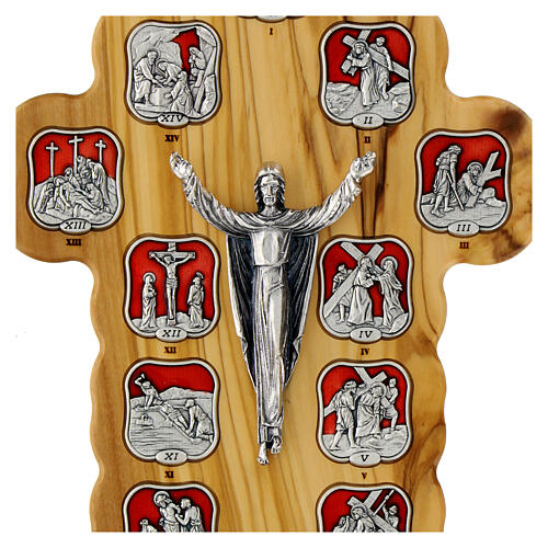 Via Crucis crucifix 14 stations in resin-coated metal on an olive wood cross 2