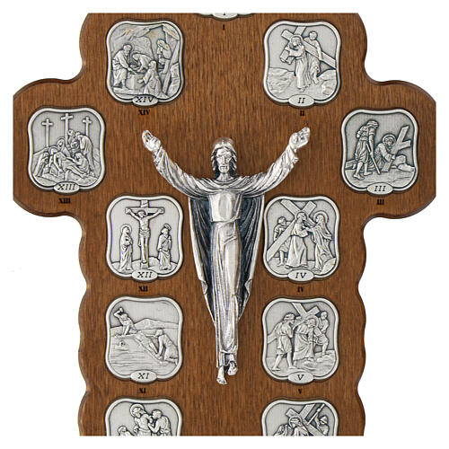 Way of the Cross Crucifix 14 metal stations on wood, 30x15 cm 2