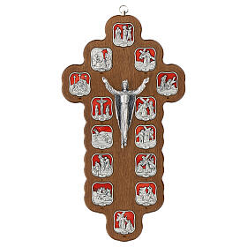 Crucifix with 14 Way of the Cross stations, metal and resin on wooden cross