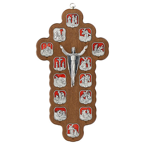 Crucifix with 14 Way of the Cross stations, metal and resin on wooden cross 1