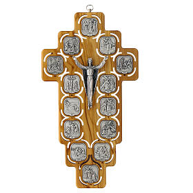 Olivewood crucifix with Way of the Cross, 14 metallic stations