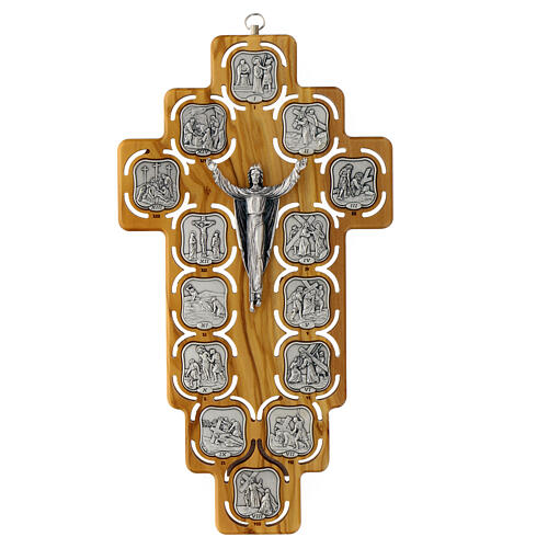 Crocefisso Via Crucis 14 stazioni metallo su croce legno ulivo 1