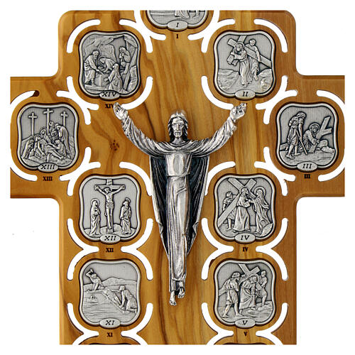 Crocefisso Via Crucis 14 stazioni metallo su croce legno ulivo 2