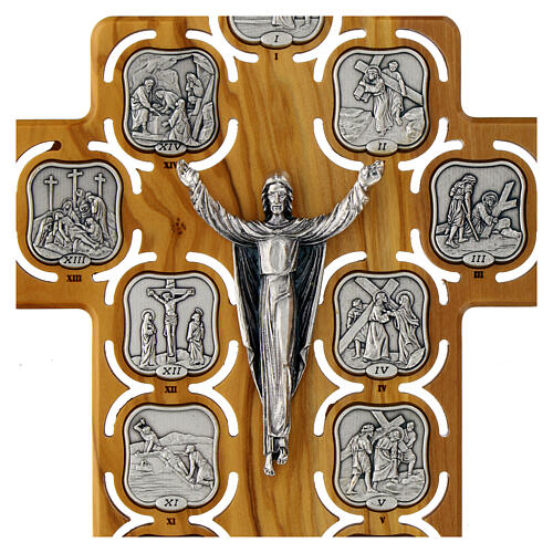 Via Crucis cross crucifix 14 stations metal on olive wood 2