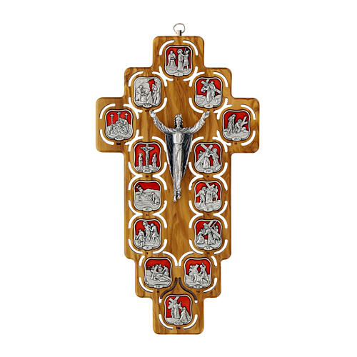 Crocefisso Via Crucis 14 stazioni metallo resinato su croce legno ulivo 1