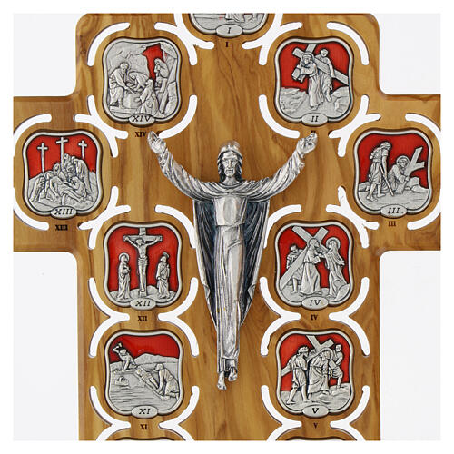 Crocefisso Via Crucis 14 stazioni metallo resinato su croce legno ulivo 2