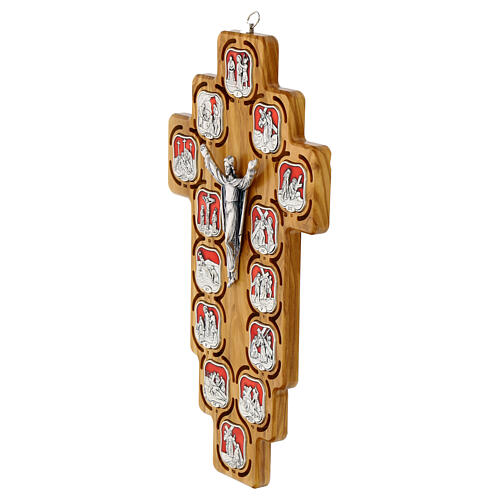 Crocefisso Via Crucis 14 stazioni metallo resinato su croce legno ulivo 3