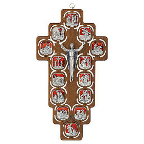 Way of the Cross and crucifix, 14 metal stations on wood, red resin finish