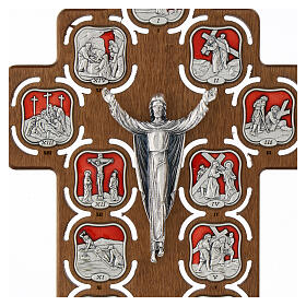 Way of the Cross and crucifix, 14 metal stations on wood, red resin finish