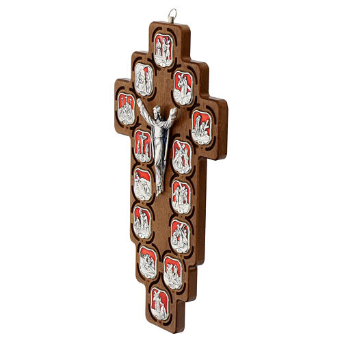 Way of the Cross and crucifix, 14 metal stations on wood, red resin finish 3