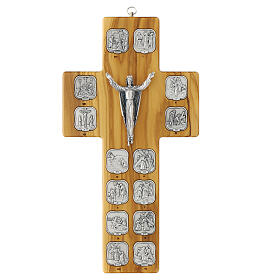 Way of the Cross on olivewood crucifix, 14 metal stations