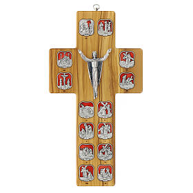 Olivewood crucifix with Way of the Cross, resin and metal stations