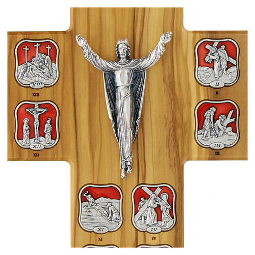 Crocefisso in legno d'ulivo Via Crucis 14 stazioni in metallo resinato 2