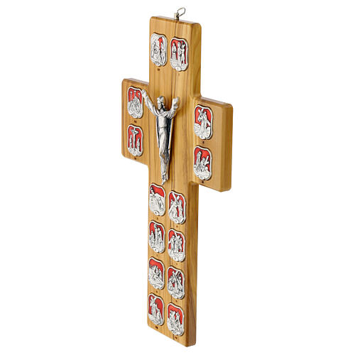 Crucifix in olive wood with 14 Stations of the Cross in resin-coated metal 3