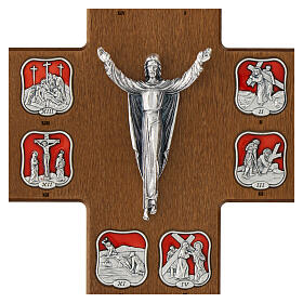 Kruzifix in lackiertem Buchenholz in Nussbaumfarbe Kreuzweg mit 14 Stationen aus Metallharz