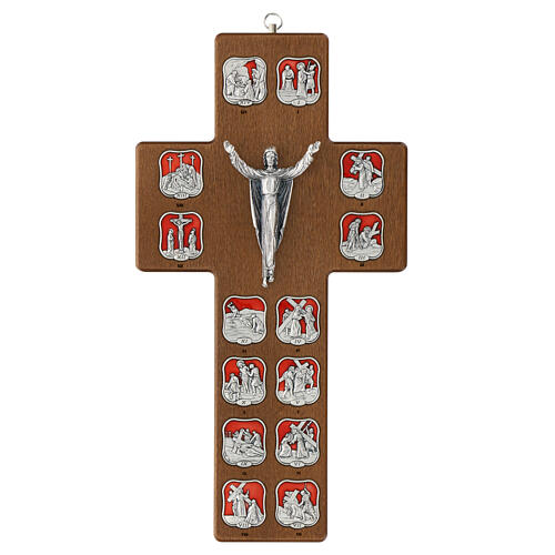 Crocefisso in legno di carpino dipinto noce Via Crucis 14 stazioni metallo resinato 1