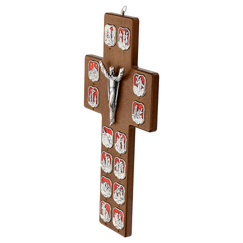 Crocefisso in legno di carpino dipinto noce Via Crucis 14 stazioni metallo resinato 3