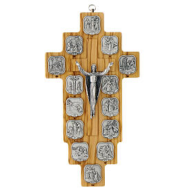 Crucifix with Way of the Cross, 14 metallic stations on olivewood