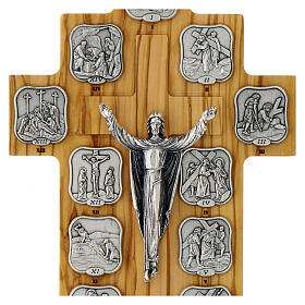 Crucifix with Way of the Cross, 14 metallic stations on olivewood