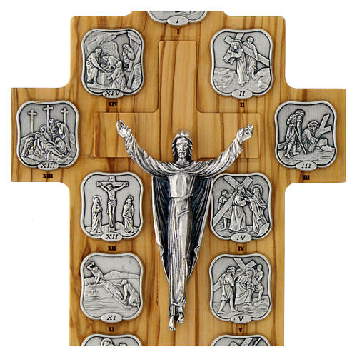 Crucifix with Way of the Cross, 14 metallic stations on olivewood 2