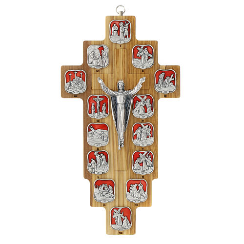 Olivewood crucifix, Way of the Cross, 14 stations of metal and resin 1