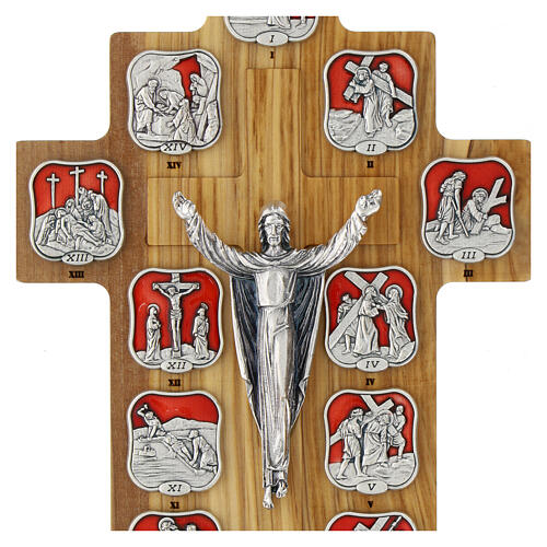 Crocefisso in legno d'ulivo Via Crucis 14 stazioni in metallo resinato 2
